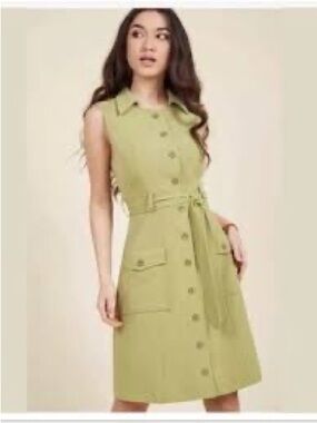 ModCloth Olive Green Sleeveless Button-Front Tie-Waist Midi Dress